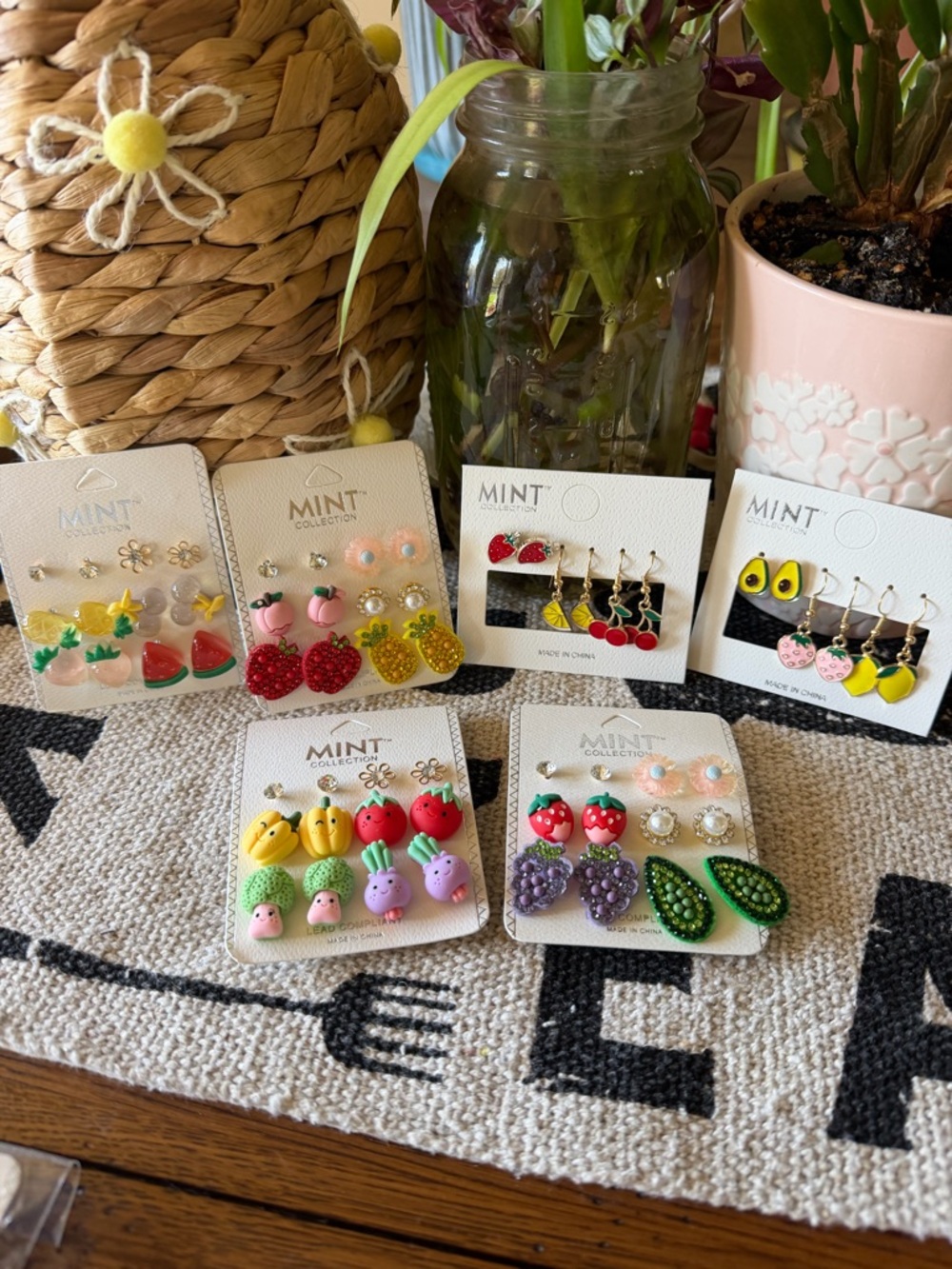 Mint Kids Fruit & Flower Earring Set - Red, Yellow, Green, Pink, Purple